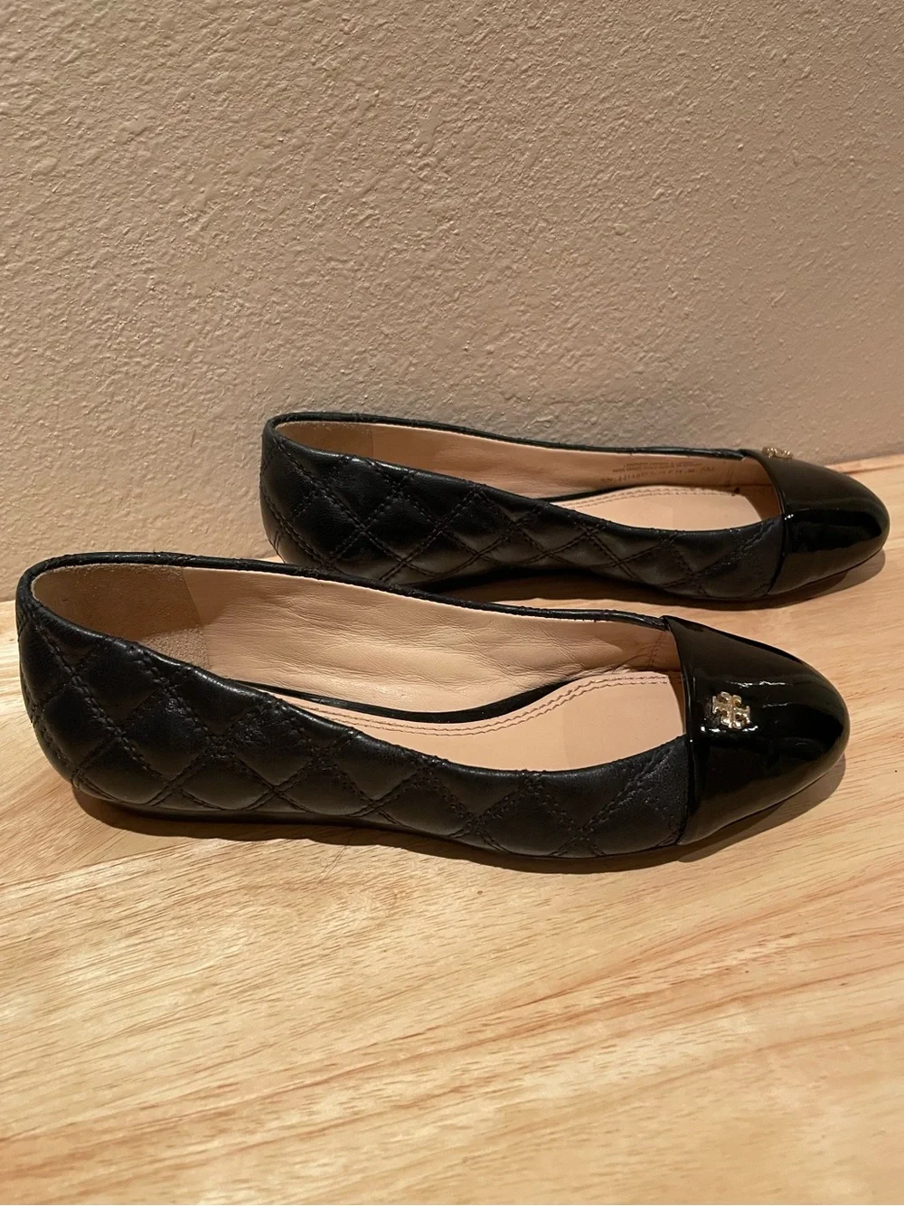 Tory Burch Black Quilted Leather Flats with Patent Toe Caps- Size 5